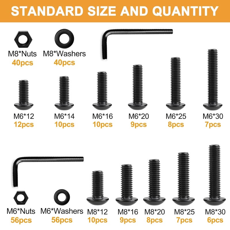 VIGRUE 288PCS M6 M8 Button Head Hex Socket Cap Screws Bolts Nuts Washer Assortment Kit, 10.9 Grade Alloy Steel Black Oxide, Fully Threaded - Image 5